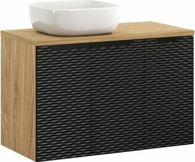 Set dulap baza suspendat 90 cm cu blat, lavoar si dulap lateral Comad Ocean stejar uleiat si negru mat
