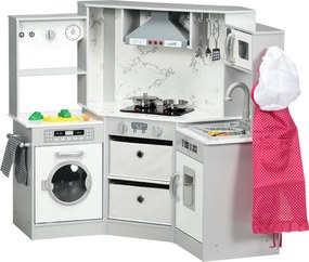 AIYAPLAY Bucătărie pentru copii din lemn cu 17 accesorii legume din plastic butoane și lumini șapcă 3-6 ani gri alb | Aosom Romania