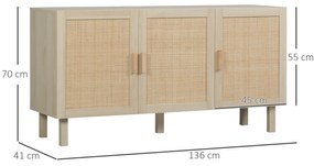 HOMCOM Bufet Meuble de Rangement Placard 3 Portes cu raft ajustabil Efect de răchită, stil boem - 136 x 41 x 70 cm | Aosom Romania
