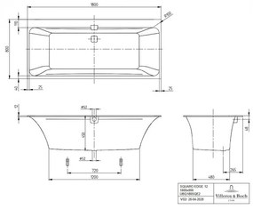 Cada dreptunghiulara, Villeroy &amp; Boch Squaro Edge 12, compozit Quaryl, 180x80cm, Alb Alpin, UBQ180SQE2DV-01