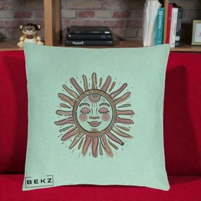 Perna Decorativa Soare Roz Tribal, 40x40 cm, Verde Menta, Husa Detasabila, Perna Inclusa, BEKZ®