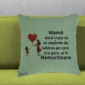 Cadou pentru Mama - Perna Personalizata Mama Nemuritoare cu Bebelus Kawaii, 40x40 cm, Verde, Husa Detasabila, Perna Inclusa, BEKZ®