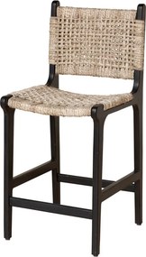 Scaun de bar împletit cu spătar din lemn de acacia și lână, negru, cu traverse pe două niveluri, 100,5 x 45 x 51,5 cm, „Ovira”