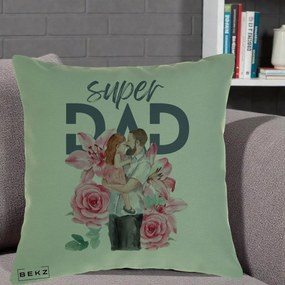 Cadou pentru Tata - Perna Personalizata Super Dad Tata cu Fetita si Flori, 40x40 cm, Verde, Husa Detasabila, Perna Inclusa, BEKZ®