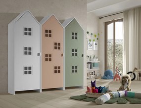 Set 3 dulapuri pentru copii Casami Bruges tip colibă de plajă – 1 cu ușă albă, 1 cu ușă Roz Confortabil și 1 cu ușă Verde Intens – Vipack