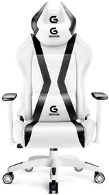 Scaun gaming, ergonomic, masaj pernă lombară, brațe reglabile 2D, piele PU, roți silențioase, rezistent 150 KG, Alb/Negru