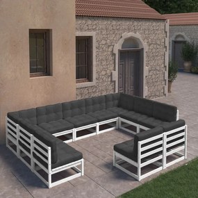 3077225 vidaXL Set mobilier grădină cu perne, 11 piese, alb, lemn masiv pin
