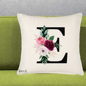 Cadou Personalizat - Perna Personalizata Monograma Florala Litera E, 40x40 cm, Crem Reliefat, Husa Detasabila, Perna Inclusa, BEKZ®