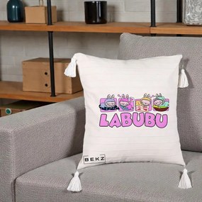 Perna Personalizata Labubu Sleeping Quad, 40x40 cm, Bej cu Franjuri, Husa Detasabila, Perna Inclusa, BEKZ®