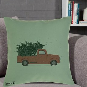 Perna Decorativa Camioneta Terracotta Brad de Craciun, 40x40 cm, Verde, Husa Detasabila, Perna Inclusa, BEKZ®