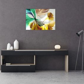 Tablou pe sticlă - Frunze cu pană (70x50 cm)