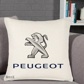 Perna Personalizata cu emblema Peugeot, 40x40 cm, Crem Reliefat, Husa Detasabila, Perna Inclusa, BEKZ®