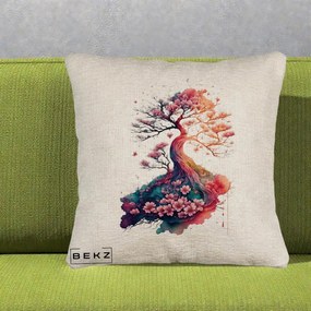 Perna Decorativa Copac Sakura Acuarela Fantasy, 40x40 cm, Bej Canapea, Husa Detasabila, Perna Inclusa, BEKZ®