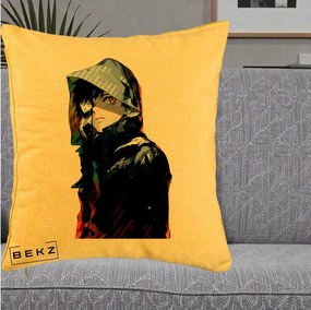 Perna Personalizata Tokyo Ghoul Ken Kaneki cu Masca si Gluga, 40x40 cm, Galben, Husa Detasabila, Perna Inclusa, BEKZ®