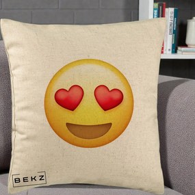 Perna Decorativa Emoji Inimi in Ochi, 40x40 cm, Bej, Husa Detasabila, Perna Inclusa, BEKZ®