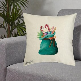 Perna Decorativa Saculet Cadouri Mos Craciun Acuarela Verde, 40x40 cm, Ecru, Husa Detasabila, Perna Inclusa, BEKZ®