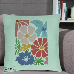 Perna Decorativa Flori Grafice Roz-Rosu-Albastru, 40x40 cm, Verde Menta, Husa Detasabila, Perna Inclusa, BEKZ®