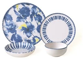 Set veselă 24 piese, alb/albastru, din ceramică stoneware