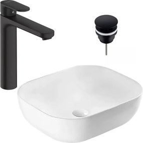 Pachet lavoar Rea Belinda alb si baterie lavoar Hansgrohe Vernis Blend negru si ventil lavoar Click-Clack D negru