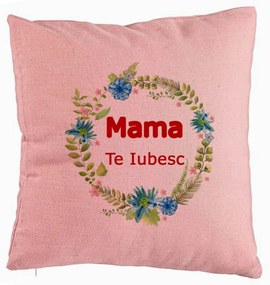 Perna Decorativa, Model Mama Te Iubesc, 40x40 cm, Roz, Husa Detasabila, Burduf