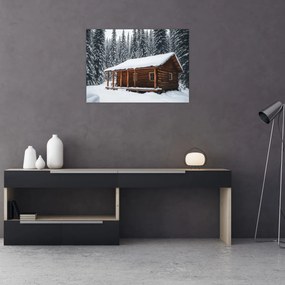 Tablou pe sticlă - Cabană acoperită de zăpadă (70x50 cm)