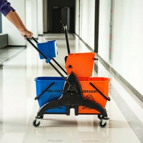 HOMCOM Cărucior Profesional de Curățenie cu 2 Găleți de 26L, Cărucior cu Presă, Mâner și 4 Roți Universale, pentru Hotel, Casă, Birou, 78x45x95 cm, Portocaliu și Albastru | Aosom Romania