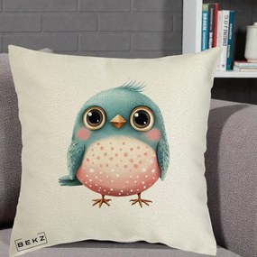 Perna Decorativa Pasare Teal-Roz cu Pete, 40x40 cm, Ecru, Husa Detasabila, Perna Inclusa, BEKZ®