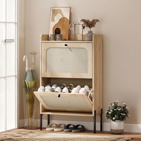 HOMCOM Dulap pentru încălțăminte 12 perechi, dulap cu 2 sertare rabatabile, uși din ratan și polițe reglabile, stejar | Aosom Romania
