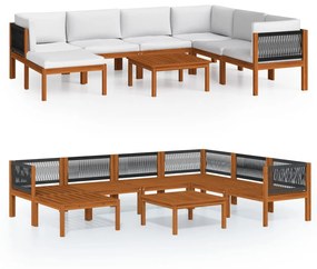 Set mobilier gradina cu perne, crem, 8 piese, lemn masiv acacia 3x colt + 3x mijloc + suport pentru picioare + masa, 1