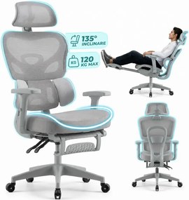 RESIGILAT- Scaun ergonomic, Suport Lombar 3 Zone Dinamice, Spătar ajustabil pe inaltime, cotiere 3D, tetiera 3D, suport pentru picioare, umeras, pivotant, Mesh, Gri