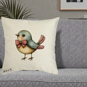 Perna Decorativa Pasare Bleu cu Fundita Rosie, 40x40 cm, Ecru, Husa Detasabila, Perna Inclusa, BEKZ®