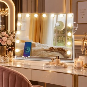 Oglindă cosmetică, sistem iluminare LED cu 3 culori, Luminozitate reglabilă, Senzor Tactil, Port încărcare USB+Type C, Oglindă de mărire 10X, Alb