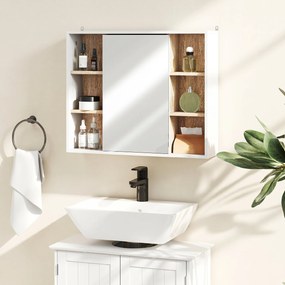 HOMCOM Dulap cu Oglinda din MDF si PAL, Dulap de Baie cu 3 Rafturi Laterale si Raft Interior Reglabil, 60x14.5x49.4 cm, Alb si Lemn Natur | Aosom RO