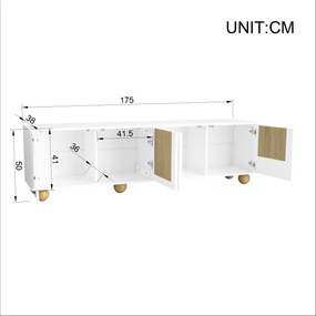 Comodă TV cu 4 uși, design minimalist cu aspect de lemn și finisaj alb, 175x38x50 cm, Culoare naturală+Alb