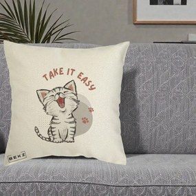Perna Personalizata Take It Easy Cat, 40x40 cm, Ecru, Husa Detasabila, Perna Inclusa, BEKZ®