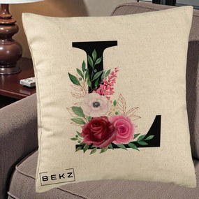 Cadou Personalizat - Perna Personalizata Monograma Florala Litera L, 40x40 cm, Bej, Husa Detasabila, Perna Inclusa, BEKZ®