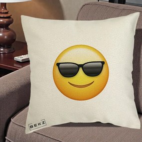 Perna Decorativa Emoji Cool Ochelari, 40x40 cm, Ecru, Husa Detasabila, Perna Inclusa, BEKZ®