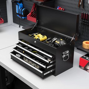 HOMCOM Comodă pentru Scule Portabilă, Cutie Metalică cu Carcasă Superioară și Glisiere pe Rulmenți cu Bile, 60x26x34 cm, Negru | Aosom Romania