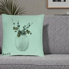 Perna Decorativa Vaza cu Eucalipt Watercolor, 40x40 cm, Verde Menta, Husa Detasabila, Perna Inclusa, BEKZ®