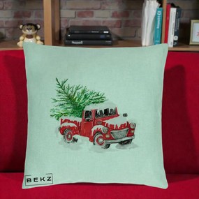 Perna Decorativa Camioneta Rosie Brad de Craciun, 40x40 cm, Verde Menta, Husa Detasabila, Perna Inclusa, BEKZ®