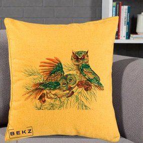Perna Decorativa Bufnite de Iarna Albastre, 40x40 cm, Galben, Husa Detasabila, Perna Inclusa, BEKZ®