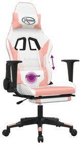 Scaun gaming de masaj suport picioare, alb roz, piele ecologica