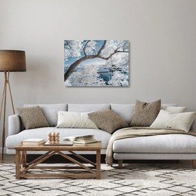 Tablou pe sticlă cu copac înzăpezit lângă apă (70x50 cm)