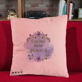 Cadou pentru Bunica - Perna Personalizata Cea Mai Buna Bunica Flori Mov Acuarela Auriu, 40x40 cm, Roz, Husa Detasabila, Perna Inclusa, BEKZ®