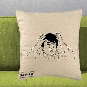Perna Decorativa Jackie Chan WTF, 40x40 cm, Bej, Husa Detasabila, Perna Inclusa, BEKZ®