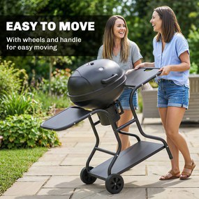 Outsunny Grătar pe cărbuni BBQ Smoker cu mese laterale, termometru în capac, roți 129 x 63,5 x 106,5 cm | Aosom Romania