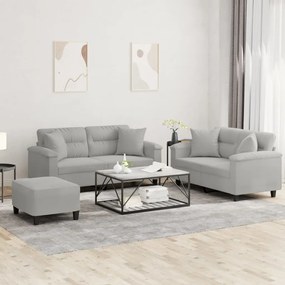vidaXL Set de canapele cu perne, 3 piese, gri deschis, microfibră