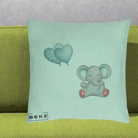 Perna Decorativa, Model Elefant si baloane in forma de inimioare, 40x40 cm, Verde Menta, Husa Detasabila, Perna Inclusa, BEKZ®