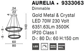 Lustra LED suspendata cu 2 inele , dimabila, cristal design elegant AURELIA auriu 80cm