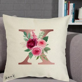 Cadou Personalizat - Perna Personalizata Monograma Rose Gold Litera X, 40x40 cm, Ecru, Husa Detasabila, Perna Inclusa, BEKZ®